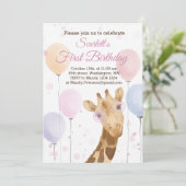 Niedliche Giraffe farbenfrohe Balloon Girl 1. Gebu Einladung (Stehend Vorderseite)