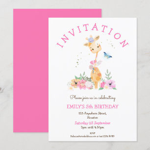 Niedliche Giraffe Floral Girls 5. Geburtstagsparty Einladung