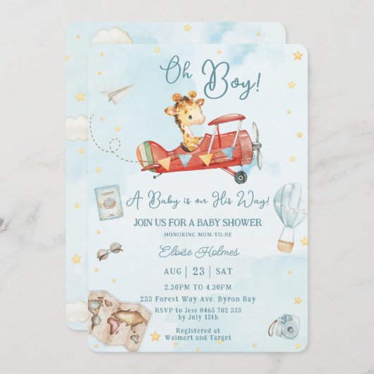 Niedliche Giraffe Flugzeug Adventure Oh Boy Baby S Einladung (Vorne/Hinten)