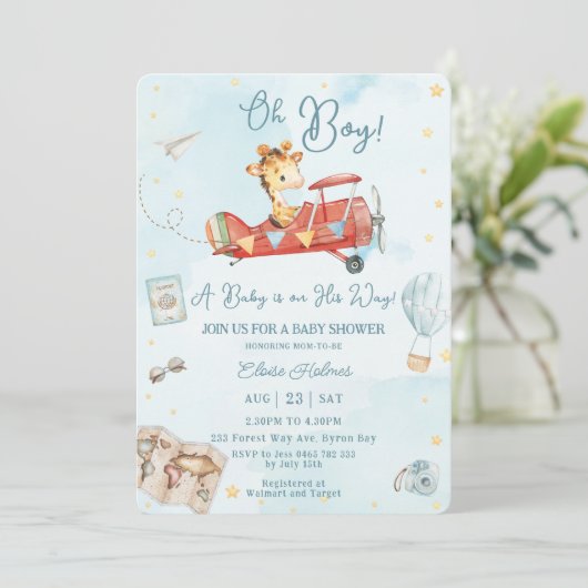 Niedliche Giraffe Flugzeug Adventure Oh Boy Baby S Einladung (Stehend Vorderseite)