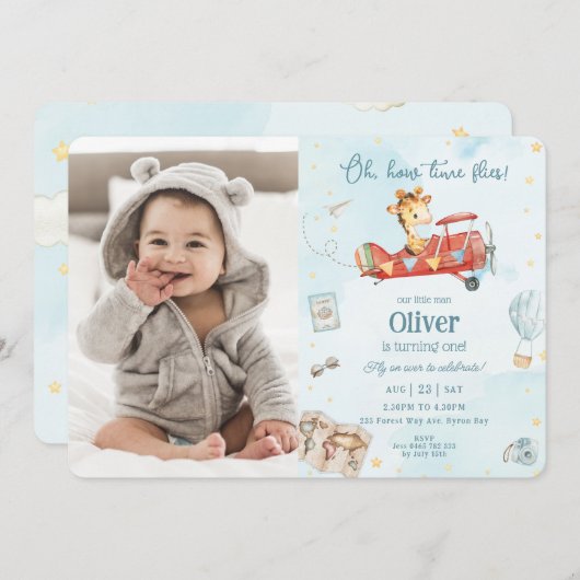 Niedliche Giraffe Flugzeug Fliegen Adventure Birth Einladung (Vorne/Hinten)