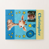 Niedliche Giraffe Foto Name Blau-Gelbe Kinder Puzzle (Horizontal)