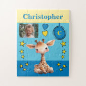 Niedliche Giraffe Foto Name Blau-Gelbe Kinder Puzzle (Vertikal)