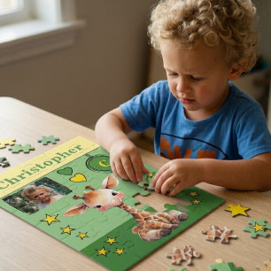 Niedliche Giraffe Foto Name Grün-Gelb-Kinder Puzzle