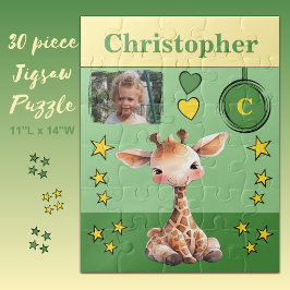 Niedliche Giraffe Foto Name Grün-Gelb-Kinder Puzzle