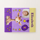 Niedliche Giraffe Foto Name lila Gelbe Kinder Puzzle (Horizontal)