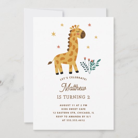 Niedliche Giraffe. Funny Safari Animal Kindergebur Einladung (Vorderseite)