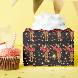 Niedliche Giraffe, Glitzer funkelnde Herzballons w Geschenkpapier