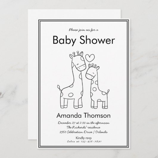 Niedliche Giraffe Handgezogene Babydusche Einladung (Vorne/Hinten)