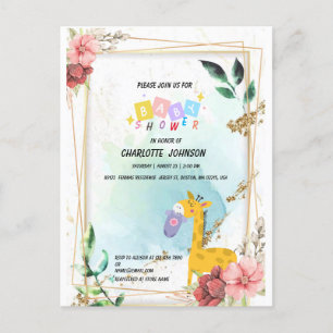 Niedliche Giraffe Hängekleidung Floral Baby Dusche Einladungspostkarte