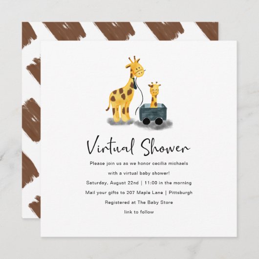 Niedliche Giraffe Illustration Virtual Baby Shower Einladung (Vorne/Hinten)