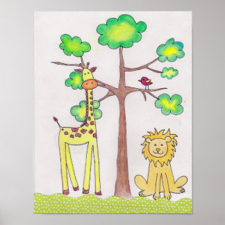 Niedliche Giraffe Löwe Illustration Kinderzimmer A Poster