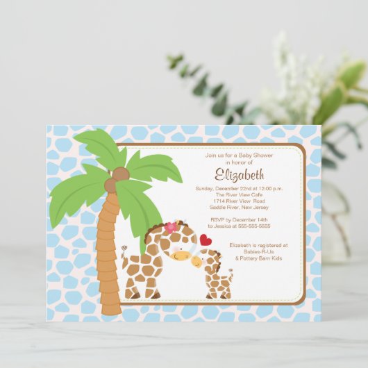 Niedliche Giraffe Mama & Baby Boy Baby-Babydusche Einladung (Stehend Vorderseite)