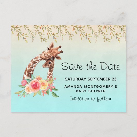 Niedliche Giraffe Mama & Baby Save the Date Einladungspostkarte (Vorderseite)