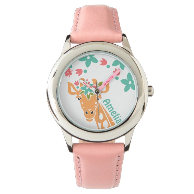 Niedliche Giraffe mit Blume Crown Personalisiert Armbanduhr (Vorderseite)