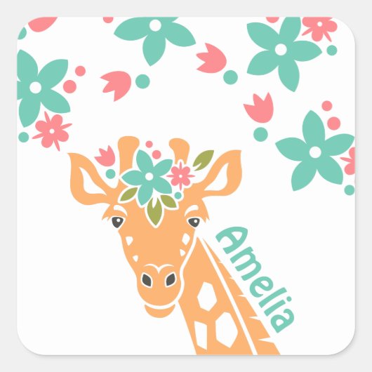 Niedliche Giraffe mit Blume Crown Personalisiert Quadratischer Aufkleber (Vorderseite)