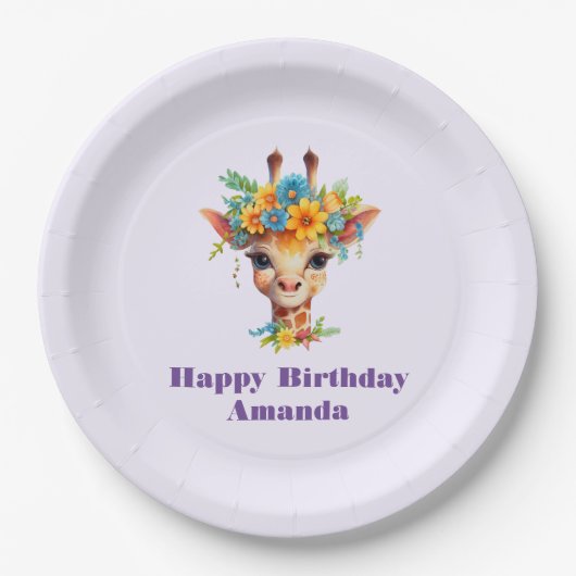 Niedliche Giraffe mit Blumenkrone Geburtstag Pappteller (Vorderseite)