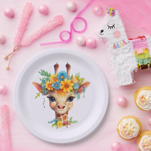 Niedliche Giraffe mit Blumenkrone Pappteller (Party)