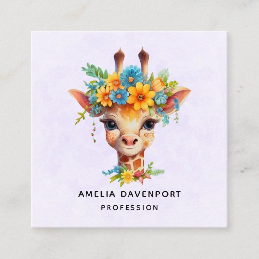 Niedliche Giraffe mit Blumenkrone Quadratische Visitenkarte (Vorderseite)