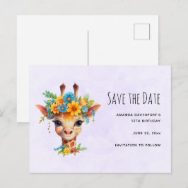 Niedliche Giraffe mit Blumenkrone Save the Date Einladungspostkarte
