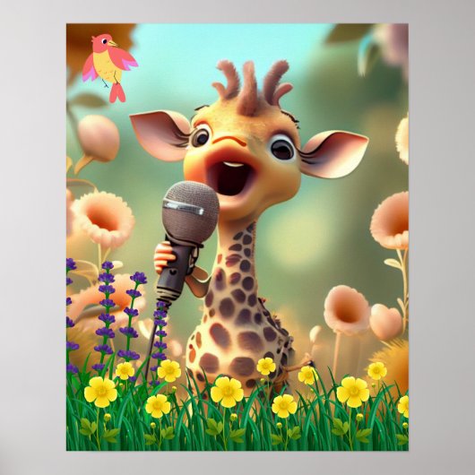 Niedliche Giraffe mit Mikrofon im Garten von Blume Poster (Vorne)