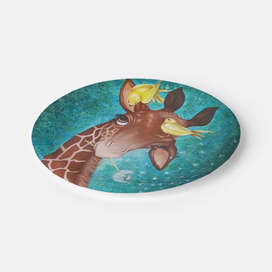 Niedliche Giraffe mit Vögeln Pappteller (Schrägansicht)