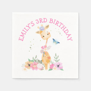Niedliche Giraffe Pink Blume Girls 3. Geburtstags- Serviette