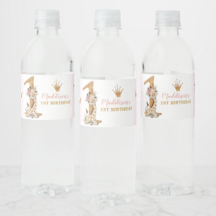 Niedliche Giraffe Prinzessin 1. Geburtstag Wasserflaschenetikett