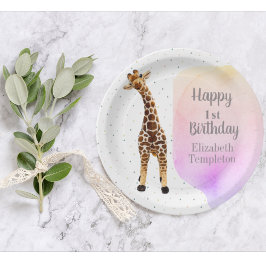 Niedliche Giraffe Safari Wild Yellow 1. Geburtstag Pappteller