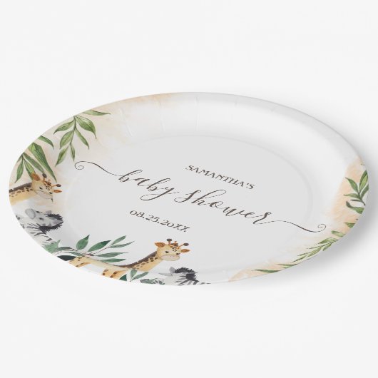 Niedliche Giraffe, Zebra-Blätter Kinderdusche Pappteller (Schrägansicht)