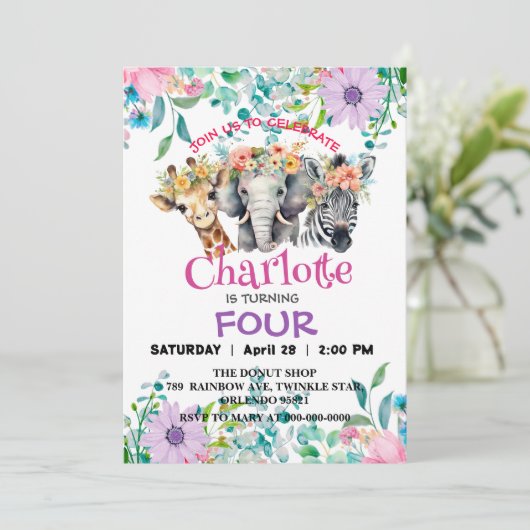 Niedliche Giraffe Zebra Dschungeltiere Geburtstag  Einladung (Stehend Vorderseite)