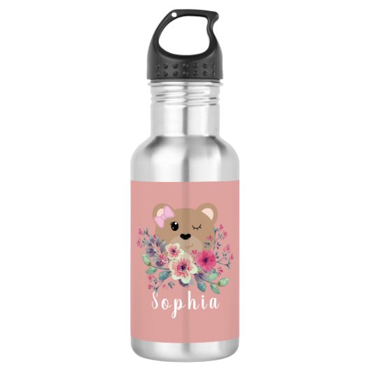 Niedliche Girl Blush Pink Teddy Bär Blumenkids Edelstahlflasche (Vorderseite)