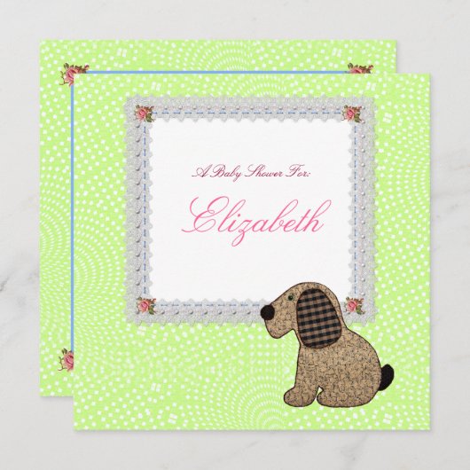 Niedliche Girl Gingham Dog Kinderdusche Einladung (Vorne/Hinten)