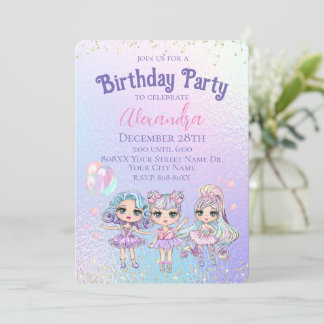 Niedliche Girl Glitzer Dolls Holographische Geburt Einladung