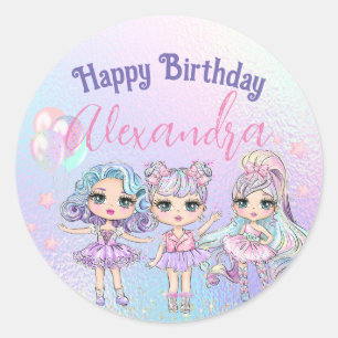 Niedliche Girl Glitzer Dolls Holographische Geburt Runder Aufkleber