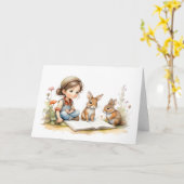 Niedliche Girl Green Eyes Buchen Kaninchen Blume L Karte (Gelbe Blume)