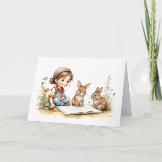 Niedliche Girl Green Eyes Buchen Kaninchen Blume L Karte (Vorderseite)