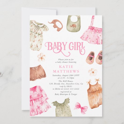 Niedliche Girl-Kleidung Kindermädchen Kinderdusche Einladung (Vorderseite)