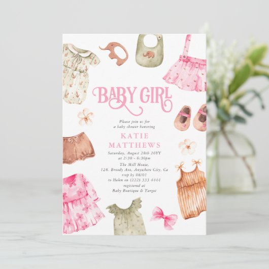 Niedliche Girl-Kleidung Kindermädchen Kinderdusche Einladung (Stehend Vorderseite)