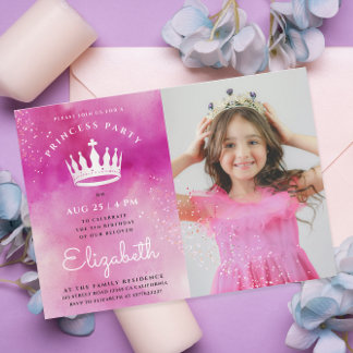 Niedliche Girl Princess Crown Pink Foto Wasserfarb Einladung