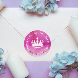 Niedliche Girl Princess Crown Pink White Watercolo Runder Aufkleber