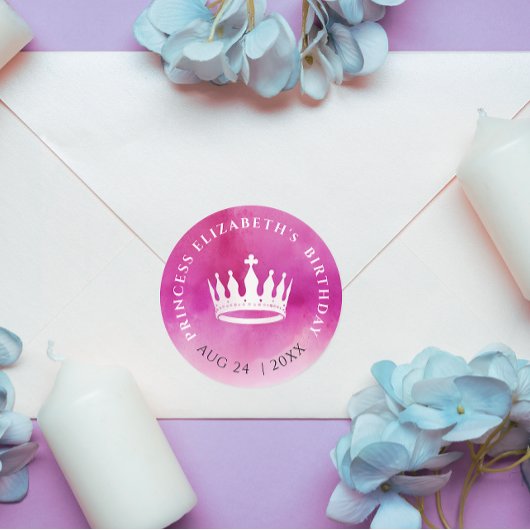Niedliche Girl Princess Crown Pink White Watercolo Runder Aufkleber