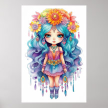 Niedliche Girl-Puppe mit gelben Blumen-Poster