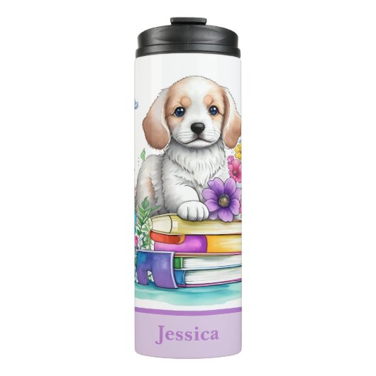 Niedliche Girl Puppy Books & Spring Flowers Thermosbecher (Vorderseite)