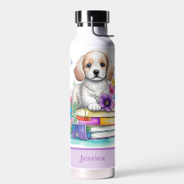Niedliche Girl Puppy Books & Spring Flowers Trinkflasche