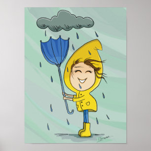 Niedliche Girl Rainy Windy Day Grafik Poster