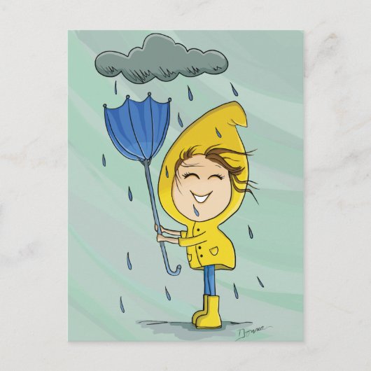 Niedliche Girl Rainy Windy Day Grafik Postkarte (Vorderseite)
