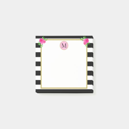 Niedliche, Girl-Schwarz-weiß gestreifte Floral Mon Post-it Klebezettel (Vorderseite)