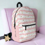 Niedliche Girl-Streifen und Punkte mit Namen Bedruckter Rucksack<br><div class="desc">Ein lustiges Muster für Mädchen mit horizontalen rosa und weißen Streifen mit goldenen Punkten verstreut machen dies zu einer niedlichen Wahl in Rucksäcken. Eine Textvorlage auf der links Seite des Designs Zauber Ihren Namen oder einen anderen gewünschten Text heraus. Personalisieren Sie einfach den Beispieltext nach Ihren Wünschen. Stilvoll und mädchenhaft...</div>