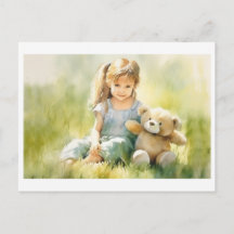 Niedliche Girl Teddy Bear Aquarellmalerei